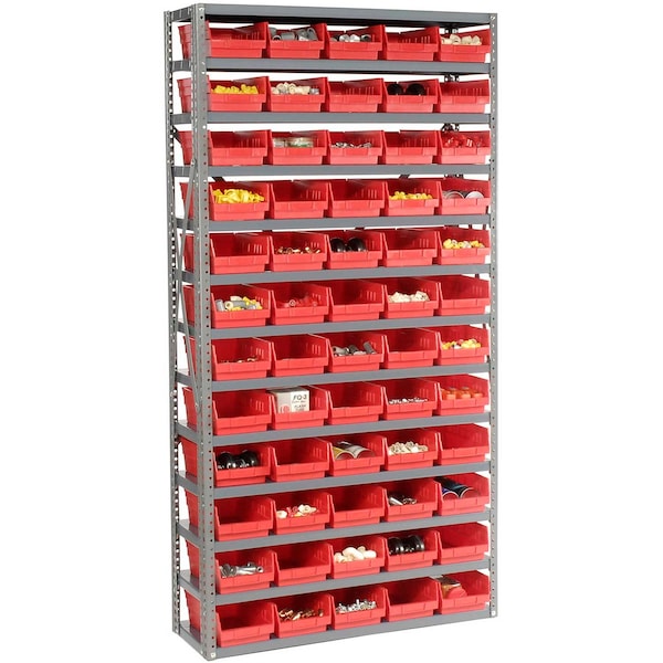 Global Industrial Steel Shelving with 60 4inH Plastic Shelf Bins Red, 36x12x72-13 Shelves 603440RD - main